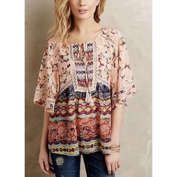 Anthropologie Meadow Rue Blouse Sz L Boho Floral Patchwork Crochet Peasant Top - Picture 2 of 10